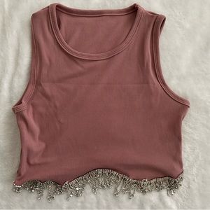 Women’s Ribbed Rhinestone String Sleveless Crewneck Club Wear Crop Top Pink Med